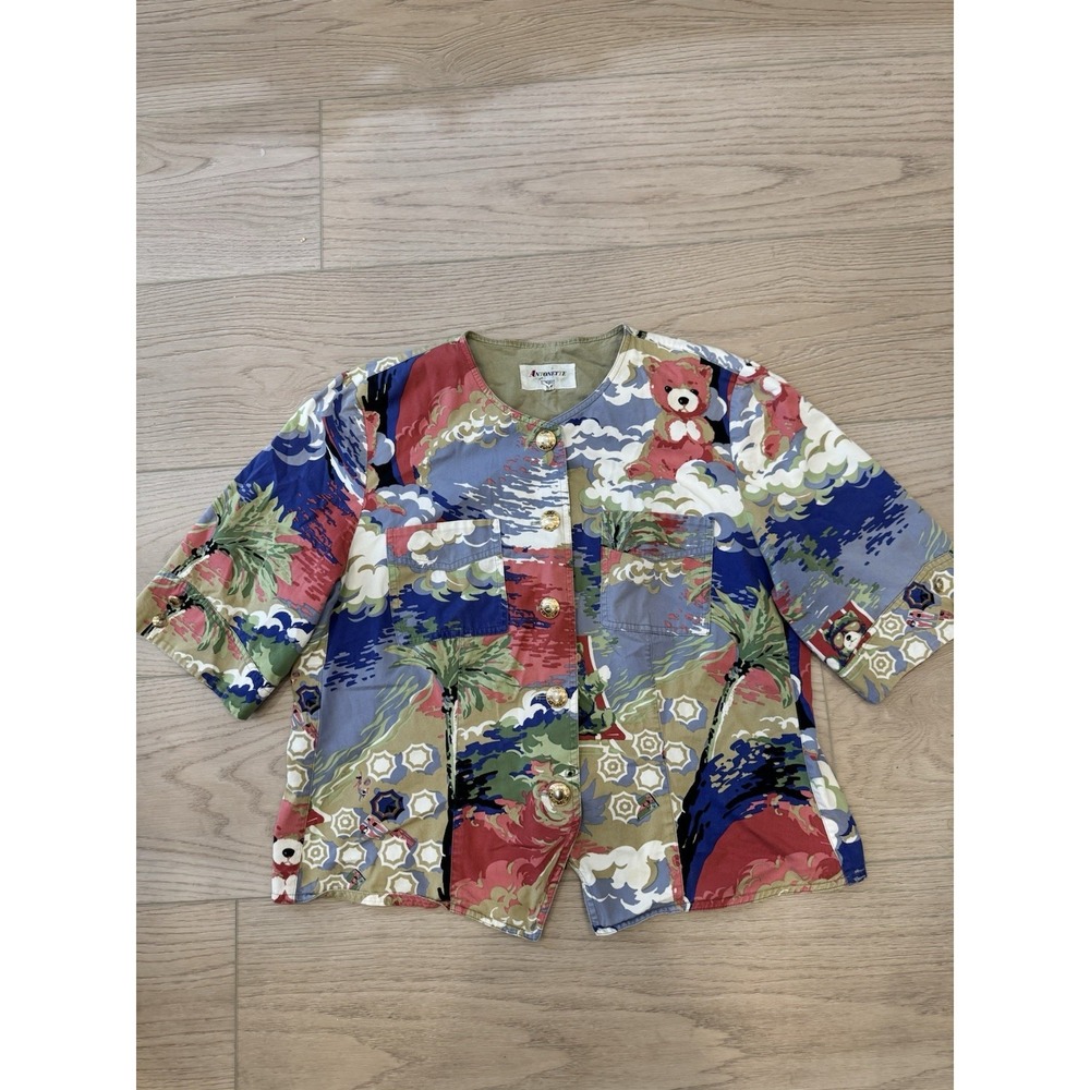 Antonette Sport Vintage Teddy Bear Beach Novelty Print Button Up Shirt Womens 14 - Picture 12 of 15